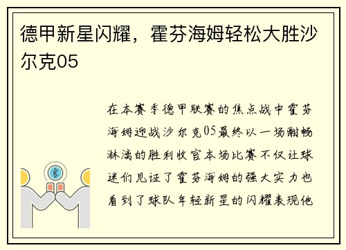 德甲新星闪耀，霍芬海姆轻松大胜沙尔克05