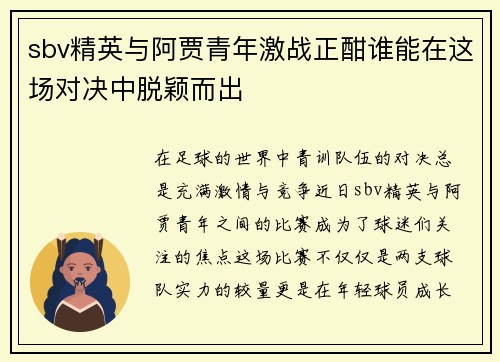 sbv精英与阿贾青年激战正酣谁能在这场对决中脱颖而出