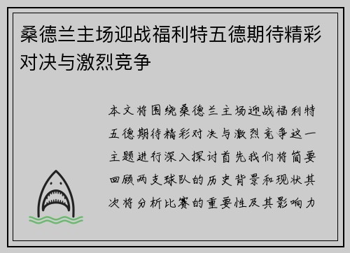 桑德兰主场迎战福利特五德期待精彩对决与激烈竞争