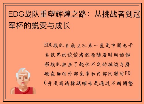EDG战队重塑辉煌之路：从挑战者到冠军杯的蜕变与成长
